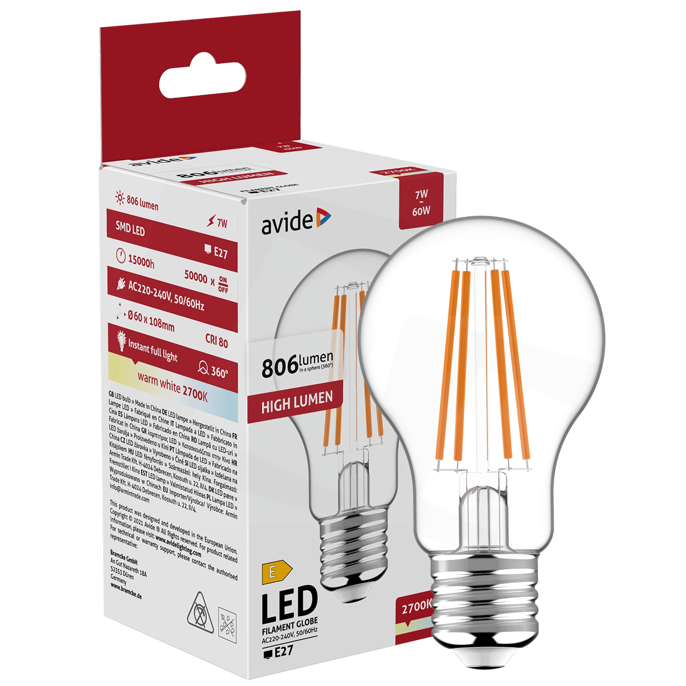 Avide Sijalica, LED 7W, E27, 2700K, 360°, 230V AC - Globe 7W E27