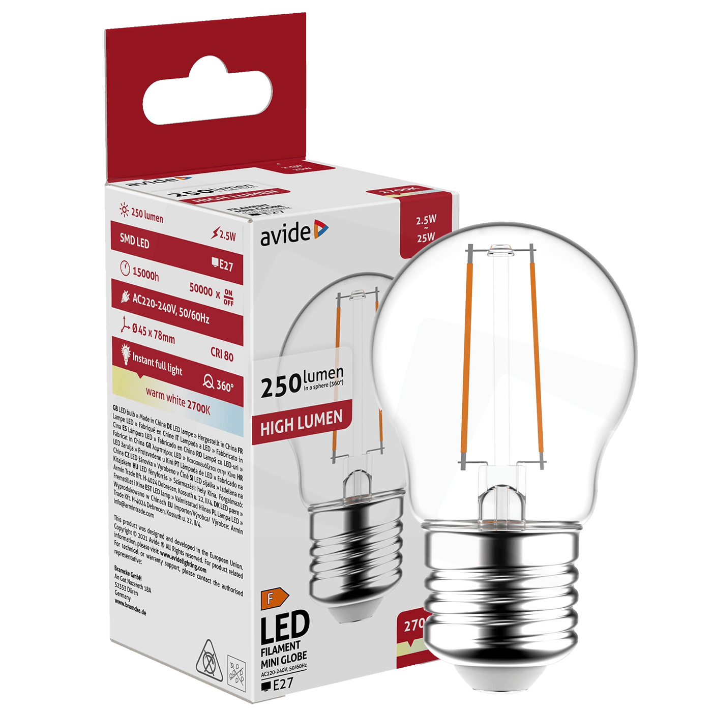 Avide Sijalica, LED 2.5W, E27, 2700K, 360°, 230V AC - Mini Globe 2.5W E27