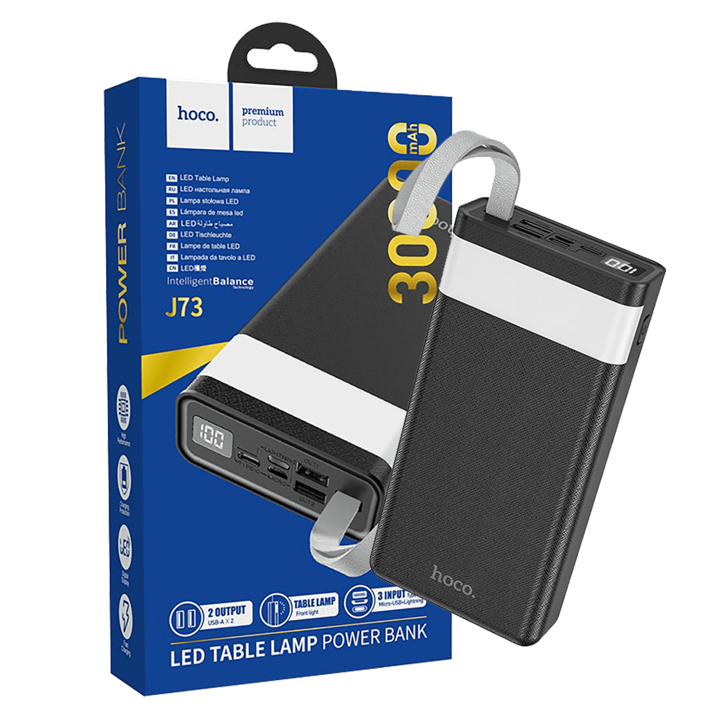 hoco. Punjač prijenosni sa lampom, Hoco j73, 30000mAh, 2A / 2A - J73 Powerful, Black