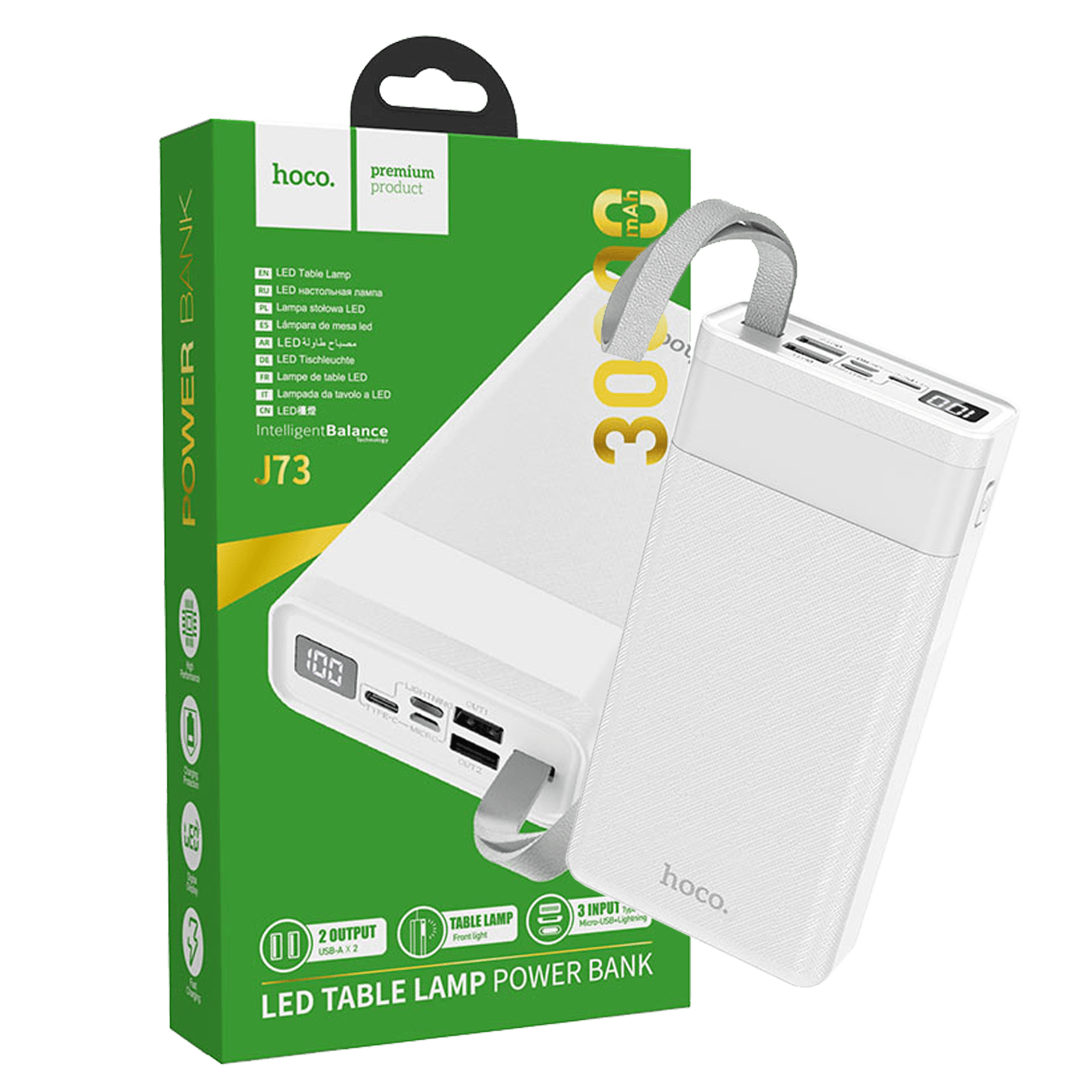 hoco. Punjač prijenosni sa lampom, Hoco j73, 30000mAh, 2A / 2A - J73 Powerful, White