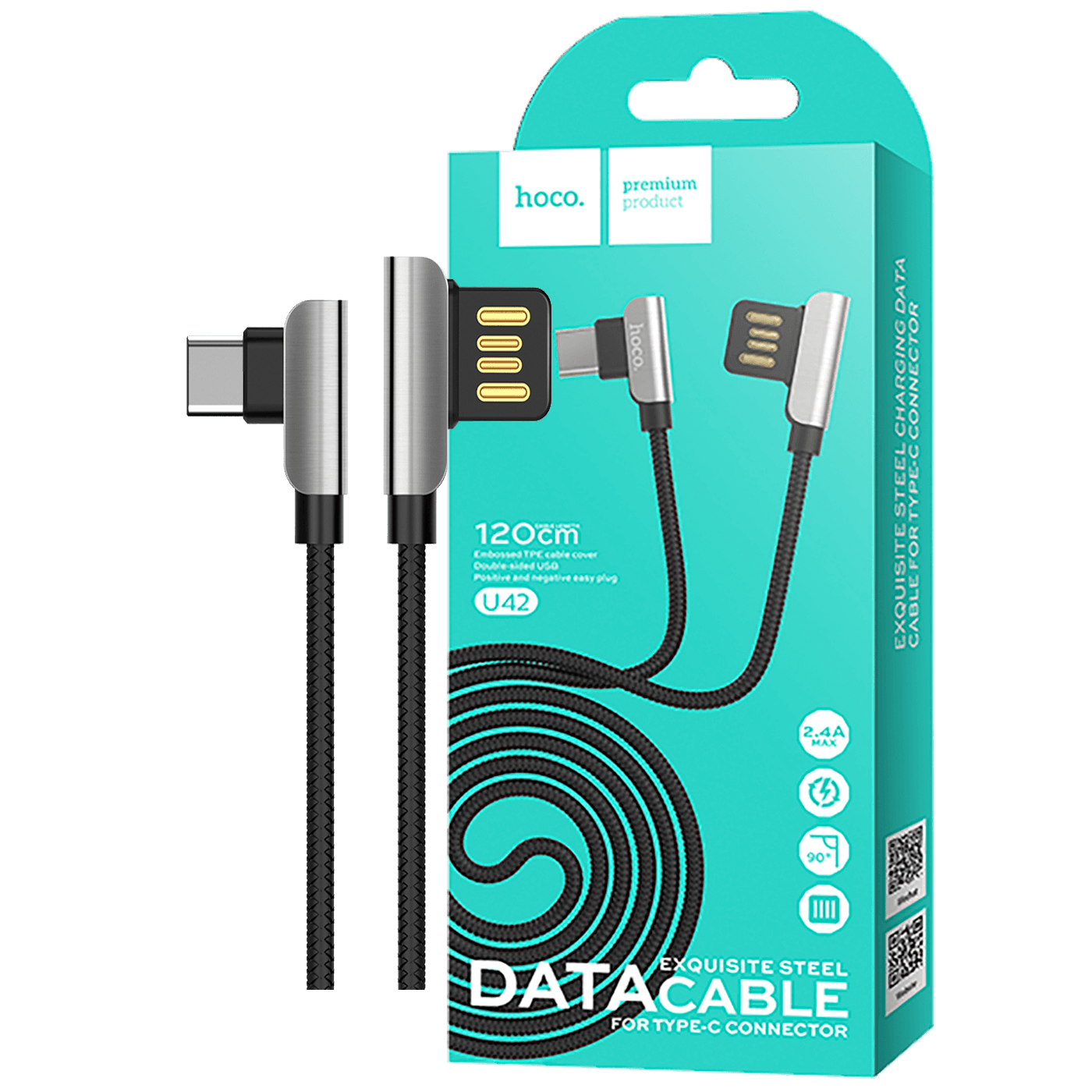 hoco. USB kabl za smartphone, USB type C, 1.2 met., 2.4 A, crna - U42 Exquisite steel, USB type C, BK