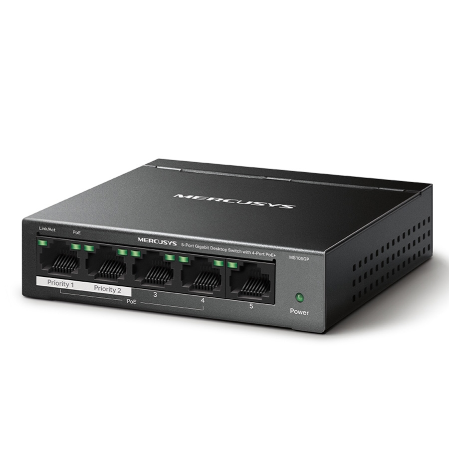 SWITCH Mercusys MS105GP 5-portni gigabitni stoni prekidač sa 4-porta PoE+, 4×Gigabit PoE+ porta, 1×Gigabitni port bez PoE, 65 W PoE napajanje, stolno 