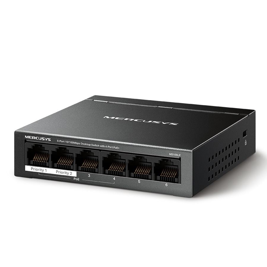 SWITCH Mercusys 	MS106LP Mercusys MS106LP 6-portni 10/100 Mbps Desktop prekidač sa 4-porta PoE+, kompatibilan sa 802.3af/at PD-ovima, 40 W PoE napajan