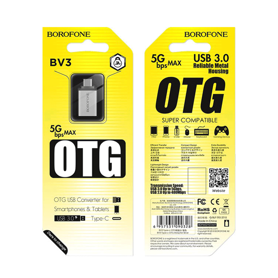 USB adapter Type-C OTG BOROFONE BV3 silver