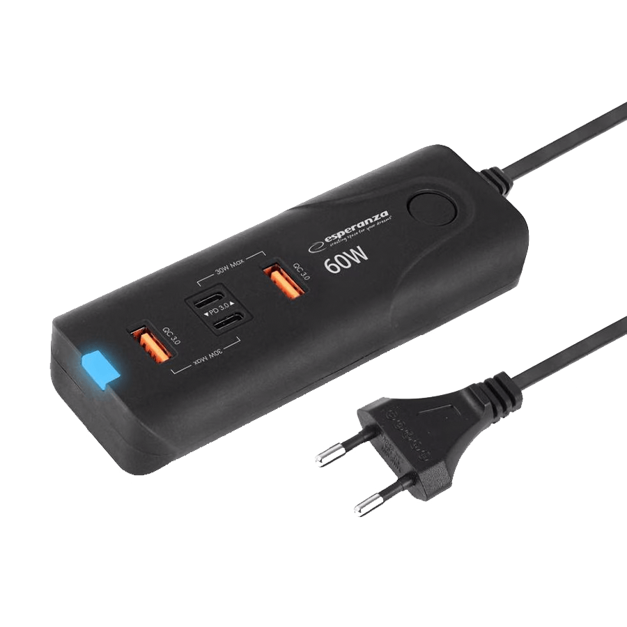 USB punjač 2xType-C + 2xUSB-A, ESPERANZA  QUICK POWER CHARGER 60W 2x USB-C PD 30W / 2x USB-A QC 3.0 18W, EZC109