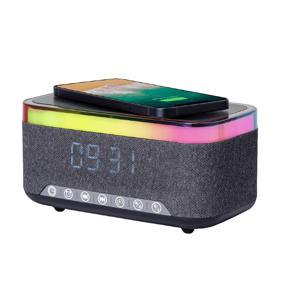 Digitalni sat sa zvučnikom i wireless bežičnim punjačem za mobitel bluetooth GEMBIRD, black/grey, DAC-SPKBT-QC15-BK