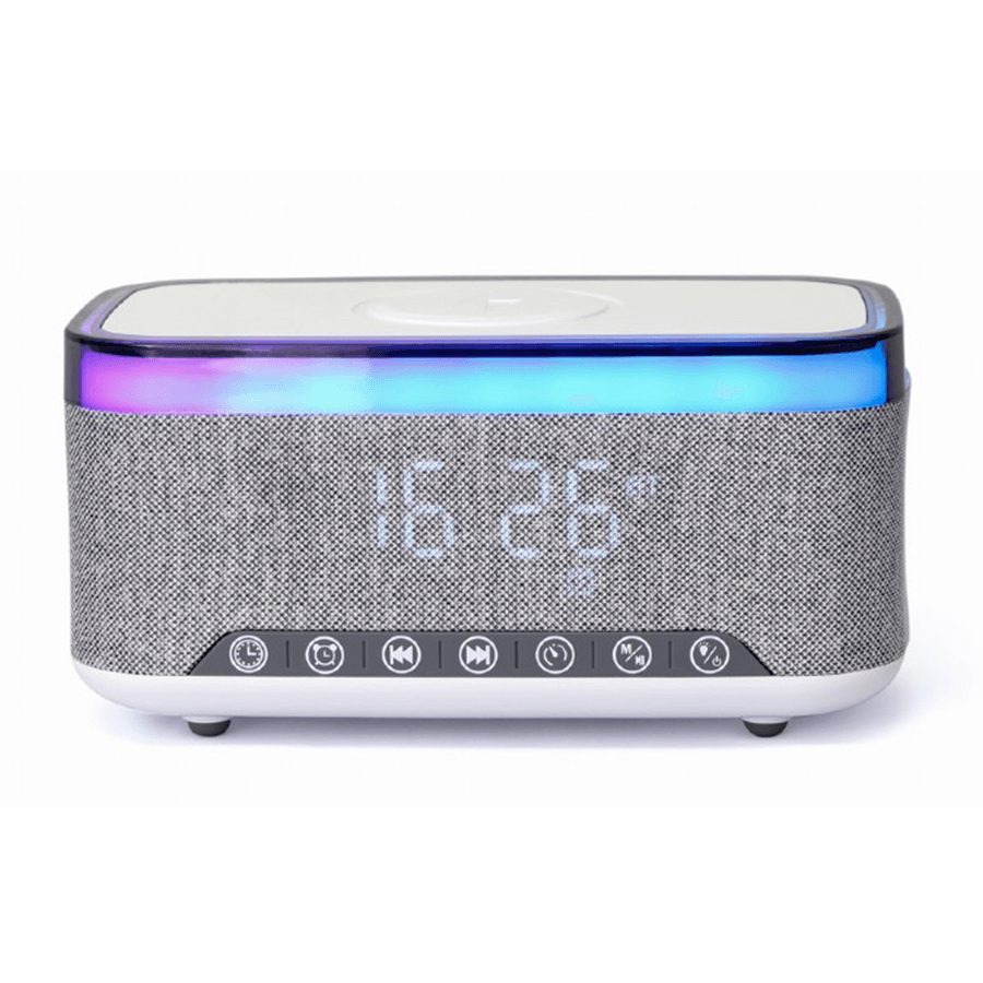 Digitalni sat sa zvučnikom i wireless bežičnim punjačem za mobitel bluetooth GEMBIRD, white/light grey, DAC-SPKBT-QC15-GR