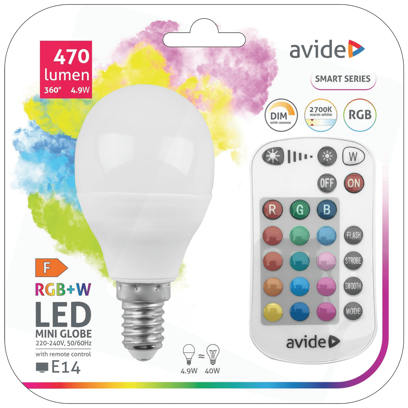 Avide Pametna sijalica, LED 4.9W, E14, RGB+W, 2700K, daljinski - Smart LED Mini Globe 4.9W