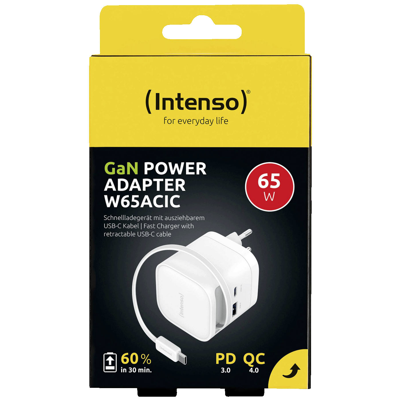 (Intenso) Punjač kučni sa type C kabelom, brzi, 1xUSB-A, 1xUCB-C, 65W - Power Adapter W65ACIC GaN White